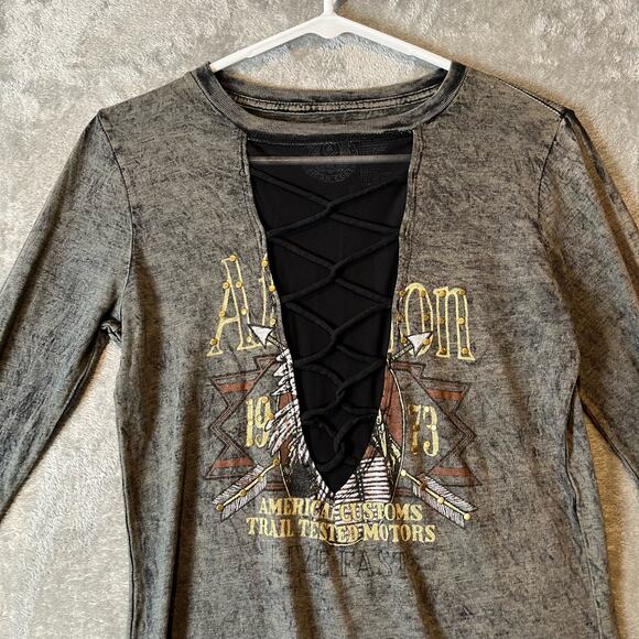 Affliction Woman Long Sleeve Raglan Mesh Top Size Small - Picture 2 of 4